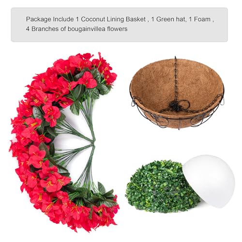 Artificial Fake Hanging Flowers for Outdoors Basket Spring Decor, Bougainvillea Faux Hanging Plants Outdoor Silk Flower in Planter Look Real UV Resistant for Outside Porch Patio Garden Yard Home, Red - color: Red-new