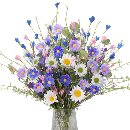 Artificial Spring Flowers 12 Pack Floral Picks 17 Inch Spring Floral Stems with Green Leaves White Blue Purple Daisy Forsythia for Flower Arrangements Centerpieces Indoor Decorations