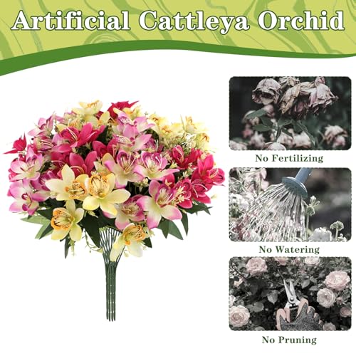 Coreland 12pcs Artificial Flowers Faux Cattleya Flower Bouquet for Vase Table Decorations Silk Flowers for Home Decor DIY Party Wedding Centerpieces Indoor Outdoor Arrangements (Vase not Included) - color: B Mix - 12 Pcs