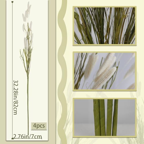 4 Pcs Bunny Tails Artificial Flowers Spring Summer Plants Boho Pampas Grass 32" Floral Stems with Green Artificial Wheat Grass White Dried Flowers Arrangements for Fall Vase Home Decor Wedding - color: White