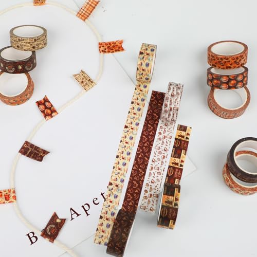 12 Rolls Coffee Washi Tape Set, Vintage Coffee Decorative Tapes, Retro Brown Watercolor Cafe Masking Tape for Journaling, Scrapbooking, Planner, DIY Arts Crafts Supplies, Gift Wrapping 16.4FT - color: S