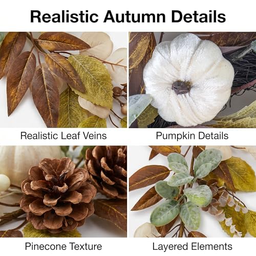 6FT Fall Garland with Cream Pumpkins, Neutral Autumn Garland with Pinecones Berries Leaves, Farmhouse Thanksgiving Decorations for Fireplace Mantel, Doorway, Staircase, Table Centerpiece - size: 6FT-BT-White