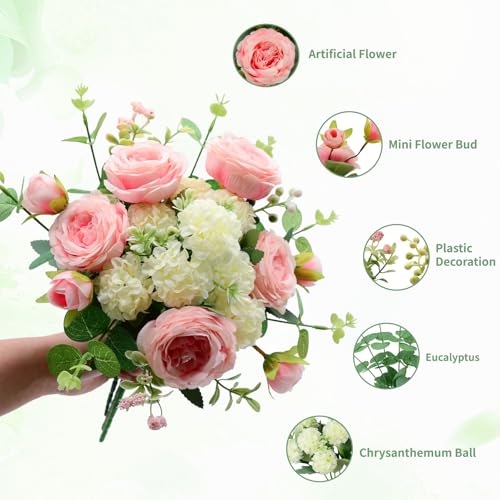 Artificial Flowers Bouquet, Pink Silk Peonies Chrysanthemum Mixed Bouquet with Eucalyptus, Artificial Roses Bouquet for Wedding Centerpieces Bridal Bouquet Mohter's Day Valentine's Day Home Decor - color: Pink