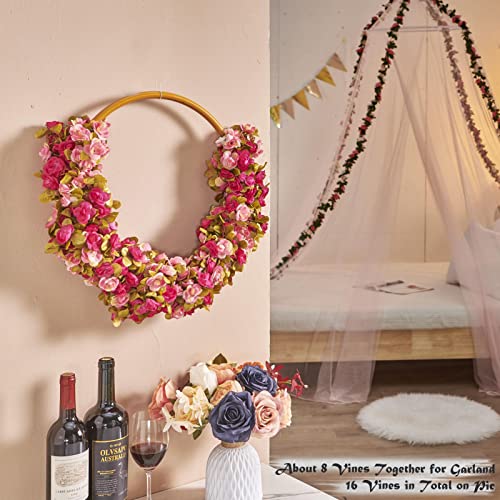 PONKING 8 Pcs x 8.2 ft Flower Garland Artificial Rose Vine Flowers with Green Leaves Hanging Fake Roses Vine for Room Party Home Wedding Birthday Christmas Wall Arch Decor, Fall Purple Flower - color: Fall-purple-8pcs, size: 8 Vines 66FT