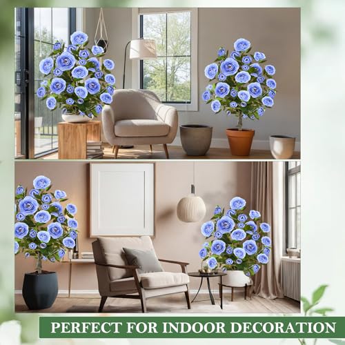 Lunmon 2 Pack 3ft Artificial Camellia Plants Tree 36" Faux Camellia Flower with Spike UV Resistant Realistic Fake Floral Blooming Bush for Indoor Outdoor Front Door Porch Backyard Garden, Light Blue - color: Light Blue, size: 3 ft