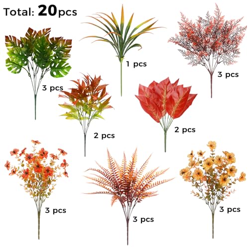 20 Bundles Artificial Fall Flowers for Outdoor Decoration, Fake Plants Faux Mums Flowers UV Resistant Daisy Boston Fern Fall Stems for Autumn Planters Window Box Garden Porch Indoor Home Decor - color: Orange Red