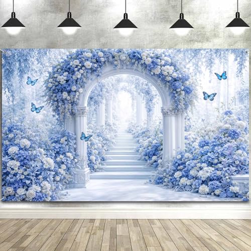 5X3ft Floral Photography Backdrop, Dreamlike Wedding Portrait Photo Background Romantic Blue Flowers Backdrop, Baby Bridal Shower Wedding Birthday Party Background Banner Decor, Blue-1 - color: Blue-1, size: 5x3ft