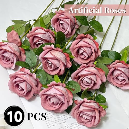 10 PCS Artificial Roses with Long Stems Silk Flowers Realistic Foam Flowers Fake Roses for Valentine's Day Home Wedding Halloween Decor(Dim Pink) - color: Dim Pink