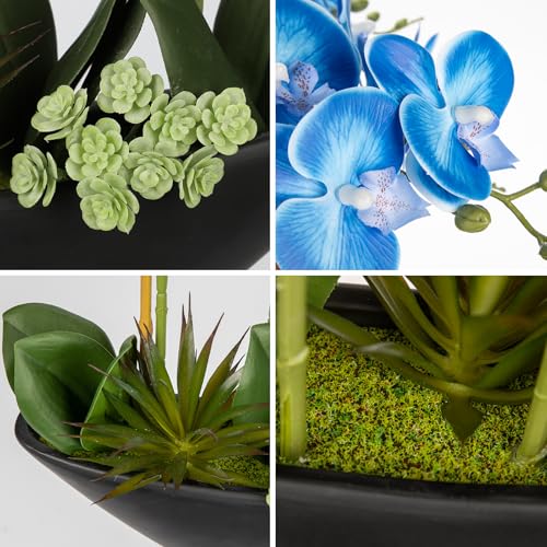 Briful Blue Orchid Fake Flowers 17in Artificial Orchid Silk Flowers in Black Pot Faux Orchid Arrangement for Home Office Bathroom Table Shelf Modern Decoration - color: Blue Black