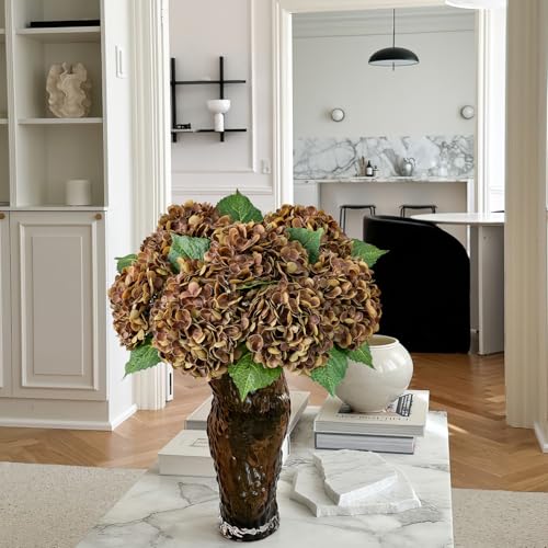 JINWOE Yellowish Brown Fall Hydrangea Artificial Flowers, 3PCS 21" Latex Large Real Touch Flowers, Faux Silk Flowers Fake Hydrangeas with Stems for Bouquet Table Centerpieces Halloween - color: Yellowish Brown, size: 3pcs