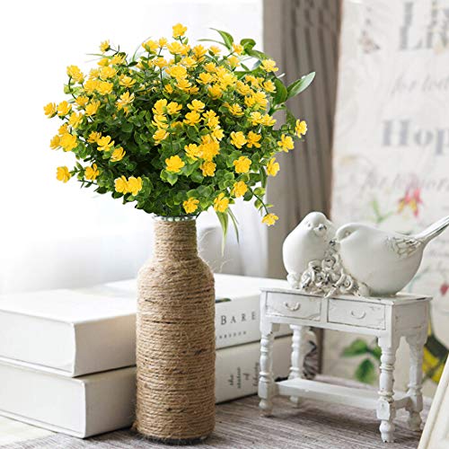 6 Bundles Artificial Flowers, Fake Artificial Greenery UV Resistant No Fade Faux Plastic Plants for Wedding Bridle Bouquet Indoor Outdoor Home Garden Kitchen Office Table Vase (Yellow) - color: Yellow