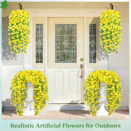 Artificial Hanging Flowers for Outdoors, 6Pcs UV Resistant Morning Glory Vines Fake Flowers with Eucalyptus, Realistic Silk Faux Hanging Plants Decor for Outside Planter Porch Patio (Yellow) - color: Yellow