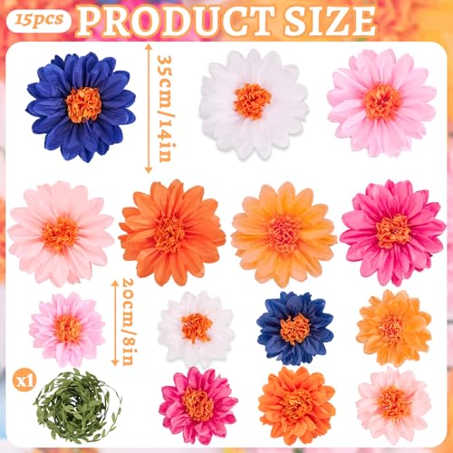OBBOLO Wildflower Paper Flowers, 14 Pcs Paper Flowers Decorations for Wall, 8 in, 14 Inch Tissue Paper Flower for Wedding Party Baby Bridal Shower Nursery Wall Decor Bulletin Board Classroom - color: Pink Orange Blue