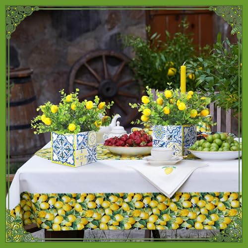 Giegxin Blue Tiles Lemon Table Centerpiece Decor Amalfi Coast Box Decorations with Artificial Lemon Branches for Capri Mediterranean Positano Wedding Birthday Party Decor(4 Sets)