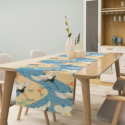 Japanese Crane Table Runner Flowers Art Printed Burlap Runner for Home Kitchen Dining Table Living Room Decor Fabric 1 Panel W13xL36in - color: Japanese Style-6, size: 13"W x 36"H