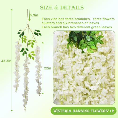 12 PCS Wisteria Hanging Flowers, 3.6ft Fake Wisteria Vines Artificial Wisteria Garland Silk Flower String for Wedding Arch Garden Party Home Ceiling Wall Backdrop Tent Decoration (White) - color: White, size: 12 Pack