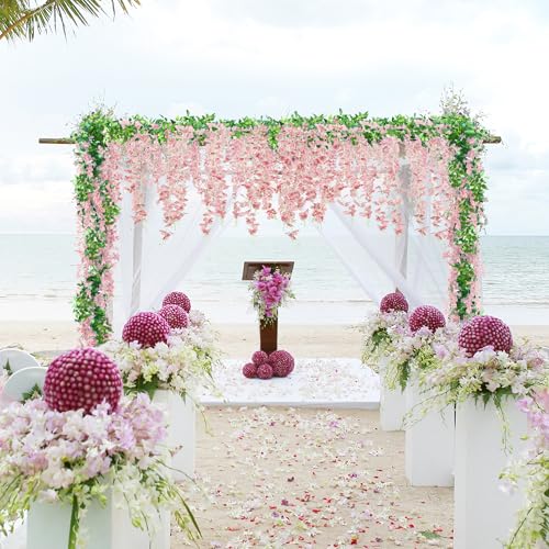 Sggvecsy 6Pcs Wisteria Garland Artificial Flowers Garland Fake Hanging Wisteria Vines Rattan Silk Hanging Flower Vines for Home Garden Outdoor Wedding Arch Party Ceremony Total 35.4Ft (Pink) - color: Pink