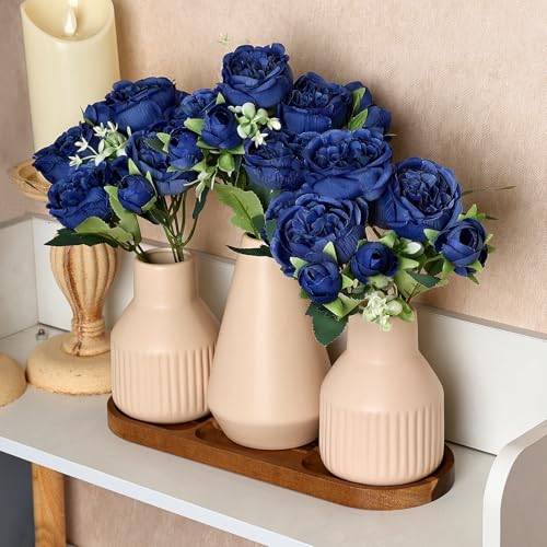 Flower Table Centerpiece - Dining Table Centerpiece Decor Set of 3 Fake Peonies in Ceramic Vases & Wood Tray Modern for Kitchen Island Living Room Coffee Table Home Decor (Royal Blue) - color: Royal Blue