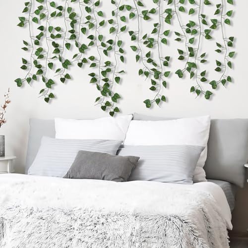 CEWOR 48 Pack 7 Feet Artificial Ivy Garlands, Fake Vines Greenery Hanging Plants Green Leaves Backdrop for Room Bedroom Wall Decor, Jungle Themed Party Wedding Decorations - size: C-48pcs of Vines with 0 LED lights