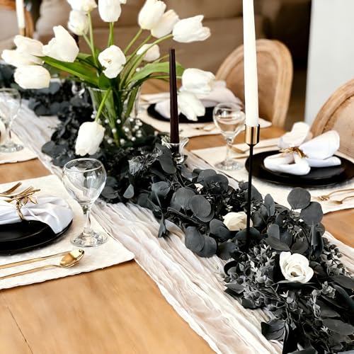 CQURE 3Pcs Eucalyptus Garland,Artificial Eucalyptus Leaves Table Greenery Garland Wreath Vines for Wedding Party Table Fireplace Bedroom Wall Room Decor - size: 17.7 Ft-Black
