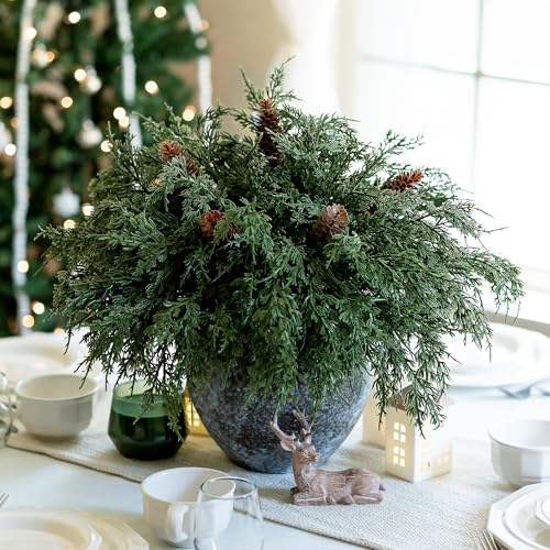 Cedar Stems Artificial Norfolk Pine Branches for Christmas Decor, 12 PCS Fake Pine Stems with 5 PCS Big Pine Cones Branches Realistic Fake Plants Faux Greenery for Vases DIY Garland Xmas Table Indoor - color: 12 Pcs Cedar Stems, 5 Pcs Big Pinecones Stems
