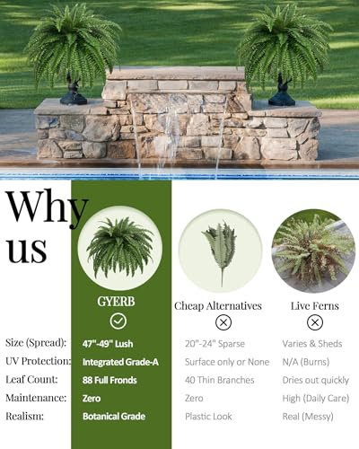 GYERB 48" Large Artificial Boston Fern Plants for Outdoor Indoor, Fake Ferns for Front Porch Hanging, Faux Greenery Bushes for Home Garden Office Decor, Silk Fern with Realistic Fronds, 88 Branches - size: 47“-88 Leaves