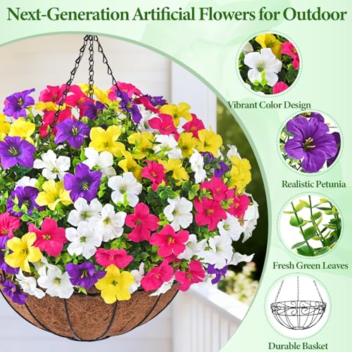 Realistic Artificial Hanging Flowers for Outdoors with Basket, 1 Set Large Size UV Resistant Artificial Outdoor Flowers, Full Faux Outdoor Flowers Fake Hanging Flowers for Porch, Front Door, Garden - color: Purple+yellow+white+red, size: 1 Set