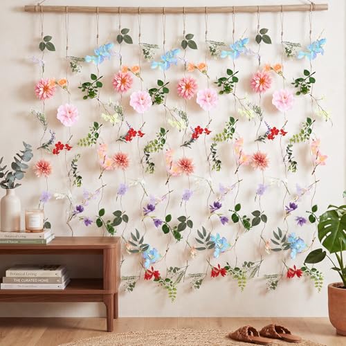 ACOCO 12 Pcs 72FT Artificial Wildflower Garlands, Faux Silk Hanging Flower Vines with Jute Rope & Green Leaves, 3 Styles Fake Floral Garland for Garden Home Decor