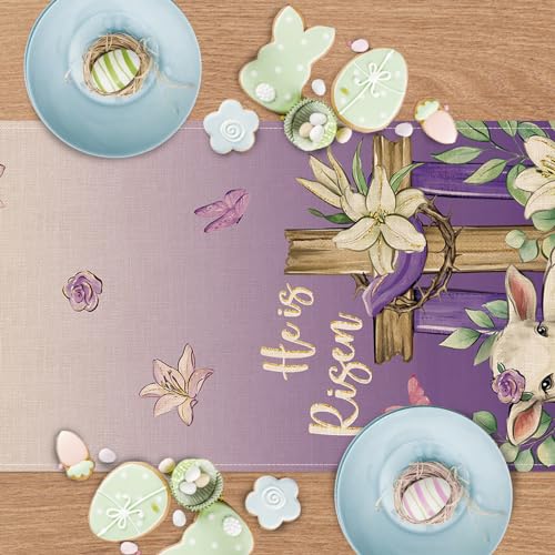 He is Risen Easter Purple Christian Table Runner, Religious Cross Lamb Lily Flower Kitchen Dining Table Decoration, Spring Eucalyptus Leaves Burlap Indoor Outdoor Home Decor Party Supply 13 x108 - color: Easter-he is Risen, size: Table Runner 13''X108''