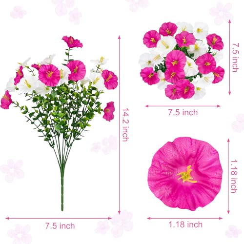 Artificial Flowers for Outdoors, 16 Bundles Mix Color Silk Faux Flowers Morning Glory UV Resistant Eucalyptus Plants Fake Petunias Plants for Porch Garden Planters Window Box Outside Indoor Decor - color: Fuchsia White