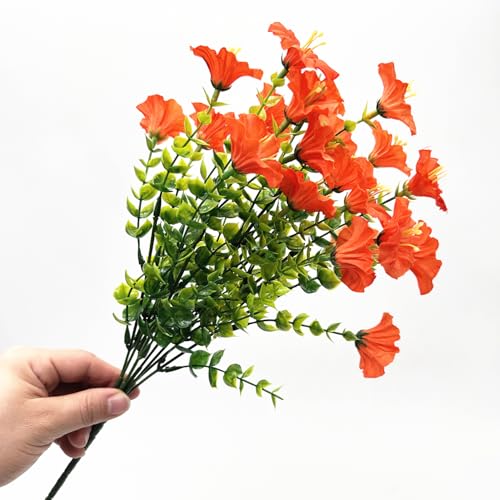 Artificial Flowers for Outdoor Spring Summer Decoration Fake Plastic Flower Plant, Faux Colorful Silk Morning Glory Eucalyptus Greenery Shrubs for Outside Garden Porch Front Door Decor Orange 8 Pack - color: Morning Glory - Orange - 8 Pack