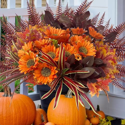 Fall Artificial Sunflowers Flowers Faux Plants for Outdoor Planters, Fake Silk Realistic Greenery Bushes Look Real UV Resistant for Outside Porch Pot Decor, 12 Bundles - color: Fall Multicolor