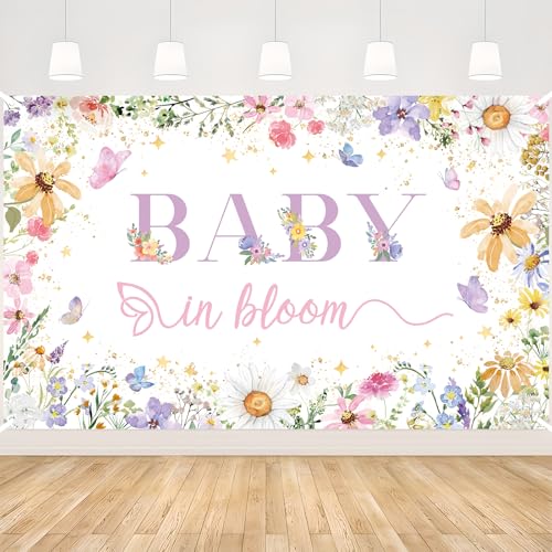 MEHOFOND Wildflower Baby in Bloom Backdrop for Girl Wildflower Baby in Bloom Decorations Banner Watercolor Golden Dots Butterfly Spring Floral Baby Shower Party Supplies Photography Background 6x3.6ft - size: 6x3.6ft