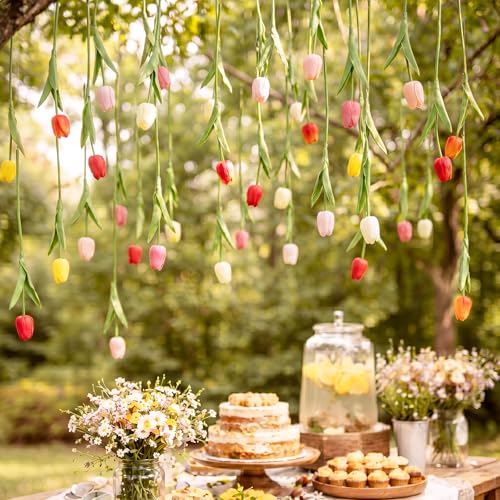 12 Pack 6 Colors 5 ft Artificial Tulips Hanging Flower Garland Decorations Spring Summer Dangling Faux Tulip Floral Vine Strings with Hooks for Wall Ceiling Wedding Tea Party - color: 6 Colors
