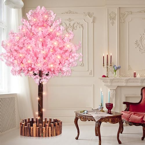 6FT Pink Artificial Cherry Blossom Tree with Warm LED Light, Handmade Reslistic Cherry Tree Prelit Christmas Tree for Indoor & Outdoor Decor for Garden, Wedding & Home (1.8M/8 Trunks) - size: 6 ft