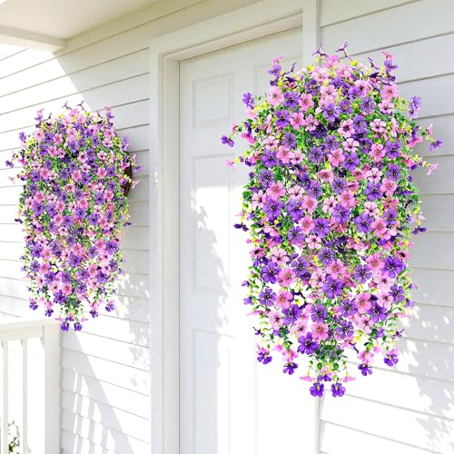 Kingsboomy 5PCS Artificial Faux Hanging Flowers Plants for Outdoor Decor,Fake Silk Daisy Flowers with Eucalyptus UV Resistant Realistic Vines for Home Porch Patio Balcony Yard Decor (Mixed Purple) - color: Mixed Purple