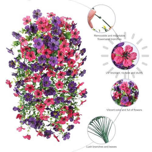 HyeFlora Artificial Flowers for Outdoors Decoration, 2Pcs Fake Hanging Spring Summer Decor, Purple and Hotpink Realistic Plants, UV & Fading Resistant Silk Flower for Porch Patio Balcony Planter Yard - color: Darkpurple+hotpink
