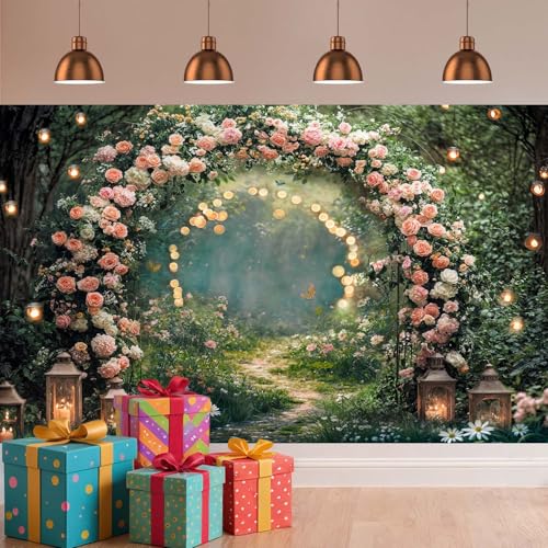 5x4ft Enchanted Forest Wedding Photography Backdrop Wonderland Roses Fairy Tale Backdrop Pink Flower Birthday Newborn Baby Shower Wedding Bridal Party Banner Photo Booth Props Anniversary Background - color: Multi6, size: 5X4FT