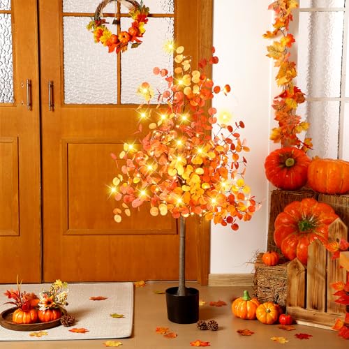 4ft Fall Light up Tree Lighted Eucalyptus Tree Artificial Autumn Ficus Fall Thanksgiving Decor Artificial Faux Plant Trees Decor for Party Porch Fireplace Front Door Outdoor Indoor Decoration - color: Orange