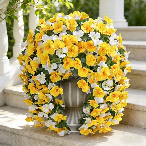 Hibiscus Artificial Fake Hanging Flowers Plants for Outdoor Spring Decoration, 2PCS UV Resistant Faux Hibiscus Silk Flowers Realistic Look Real for Planters Outside Porch Patio Yard, Yellow White - color: A-yellow White, size: 2pcs
