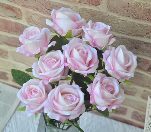 Kenpal Realistic Fake Roses Artificial Flowers with Stem for Decoration Floral Arrangement Centerpieces Wedding Bouquets (10, Pink 2) - color: Pink 2