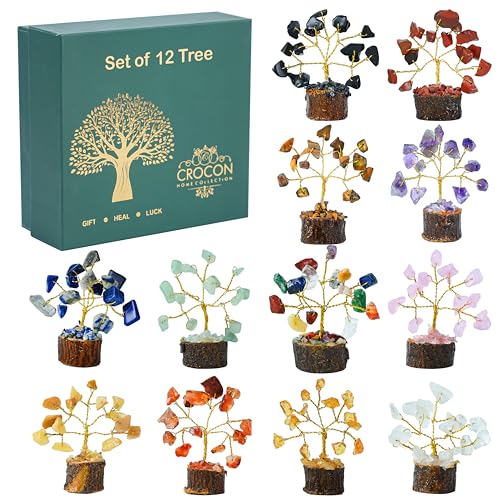 Crocon® Set of 12 Crystals Mini Stone Tree of Life Birthday Gifts for Women, Home & Office Decor, Money Tree Healing Crystals Gift Set Mom & Father Gift Ideas Housewarming Gifts New Home Sister & Dad - color: 003 (Set of 12 ) New