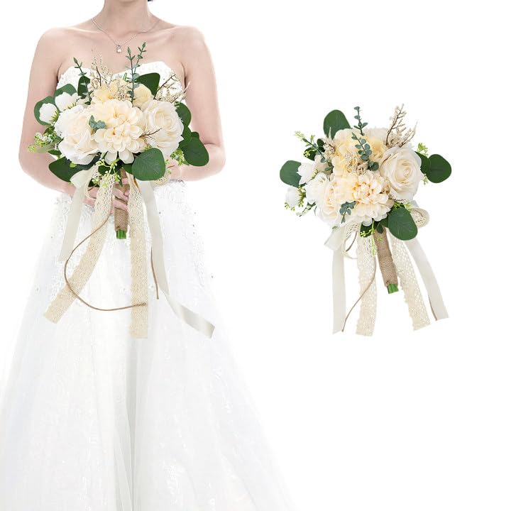 Boho Bridesmaid Bouquets for Wedding, 9 Inch Artificial Flowers Bouquets for Ceremony Anniversary Centerpieces Decorations, Roses - Beige - color: Beige, size: Set of 1 Bridesmaid Bouquets