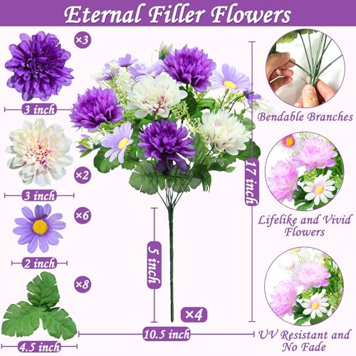 44 Heads Artificial Flowers for Outdoors, 4 Bunches 17 Inch Dahlia Daisies Mum Fake Plants UV Resistant Faux Flowers Bouquet Cemetery Flowers for Grave Outside Indoor Home Spring Summer Decor (Purple) - color: Purple