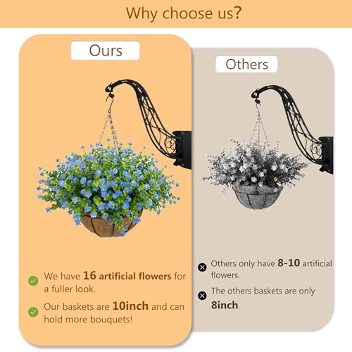 NETAP Artificial Hanging Flowers Basket for Outdoor, 16 Fake Flowers Look Real UV Resistant, Faux Hanging Plants for Porch, Balcony, Patio, Garden, Spring Summer Decor,Blue - color: Blue