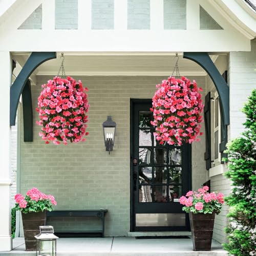 INQCMY Artificial Hanging Flowers Basket for Outdoors Spring Summer Decoration,Faux Silk Begonia in Planter Look Real UV Resistant for Outside Home Porch Patio Garden Balcony Yard Decor（Deep Pink） - color: Deep Pink
