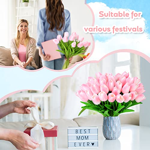 Jexine 100 Pcs Artificial Real Tulips Fake Artificial Tulip Flower Bulk Bouquet with Stem for Table Centerpieces Wedding Bridal Easter Mother's Day Garden Home Decor, 13.4''(Pink) - color: Pink