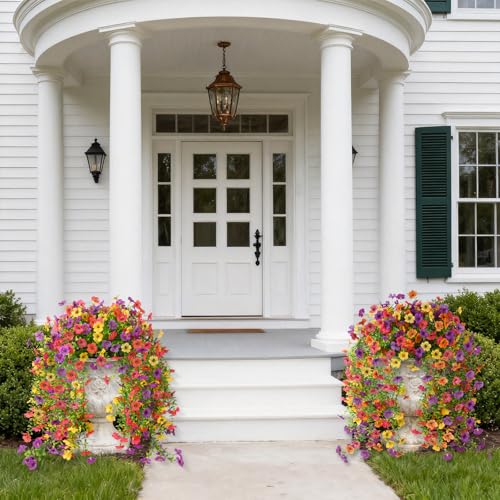 Artificial Hanging Flowers for Outdoors, 2 Pcs Fake Hanging Plants Spring Summer Decor, UV Resistant Faux Silk Daisy Flower for Front Door Porch Planter Patio Yard Garden(Purple Rose Red Yellow) - color: Purple, Rose, Red, Yellow