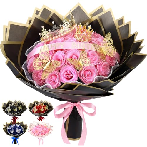 Thiccywoov 36 Pcs Glitter Roses Bouquet Graduation Artificial Rose DIY Flower Bouquet Kit Flower Wrapping Paper 3D Butterflies Crowns for Mom Mother Teacher Birthday (Pink-A) - color: Pink-a