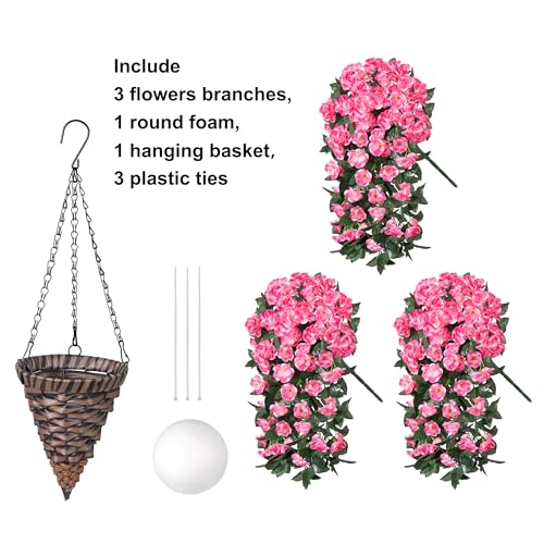 Fake Geraniums Artificial Hanging Flowers Basket for Outdoors, Spring Outdoor Hanging Plants Faux Silk Geraniums Vines in Planter UV Resistant Realistic for Outside Porch Yard Balcony Patio, Pink - color: Pink